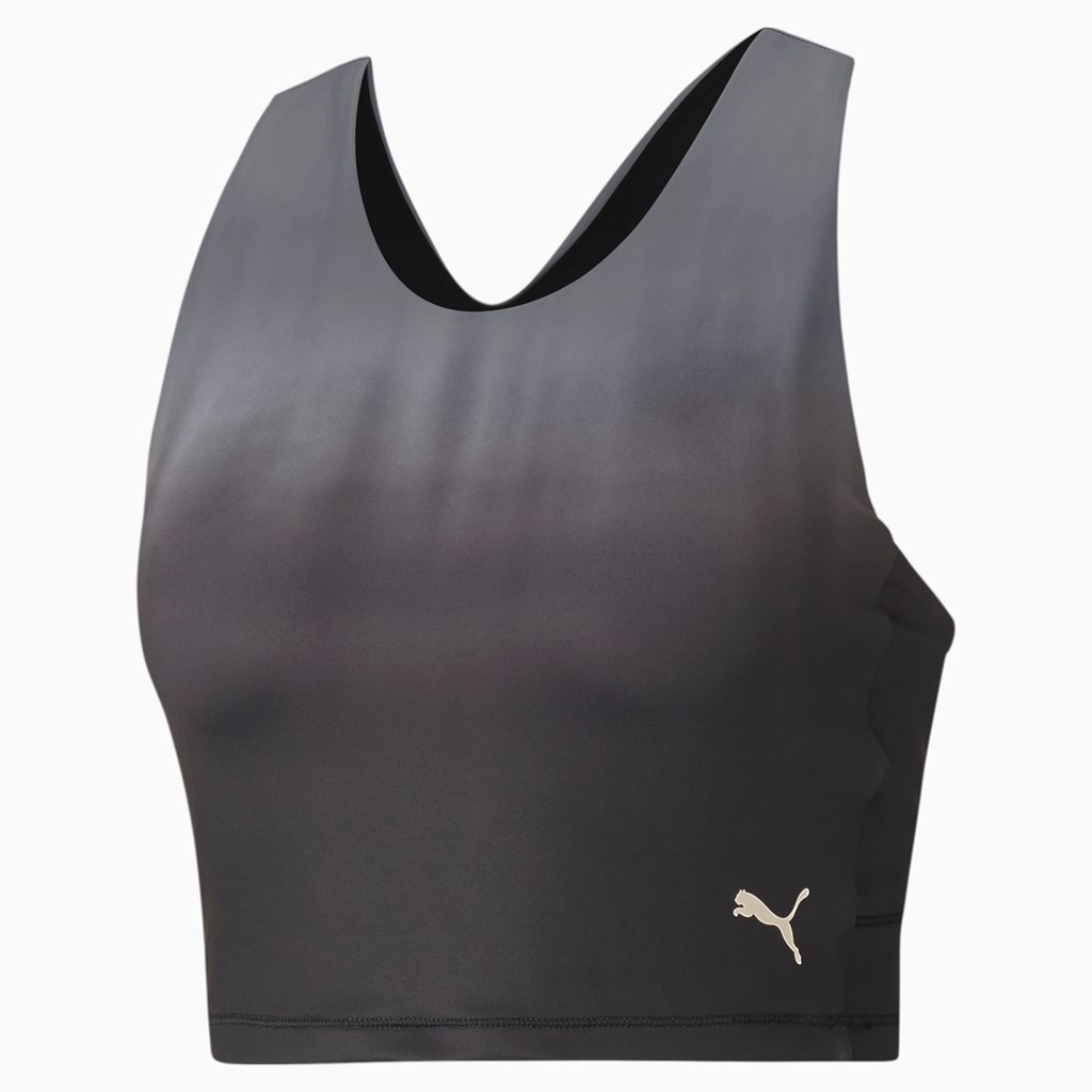 Black / Asphalt / ombre print Puma Studio Ombre Racerback Training Crop Women's Top | 6048NUQSJ