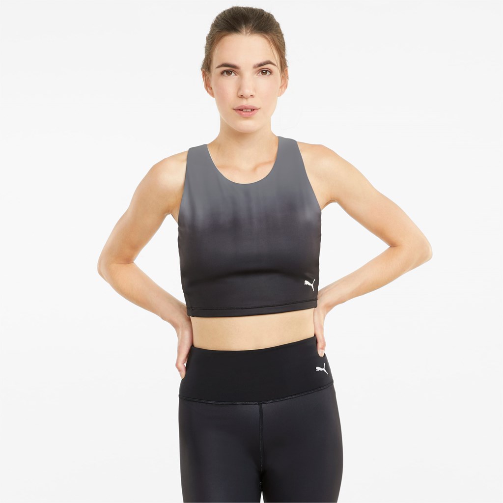 Black / Asphalt / ombre print Puma Studio Ombre Racerback Training Crop Women\'s Top | 6048NUQSJ