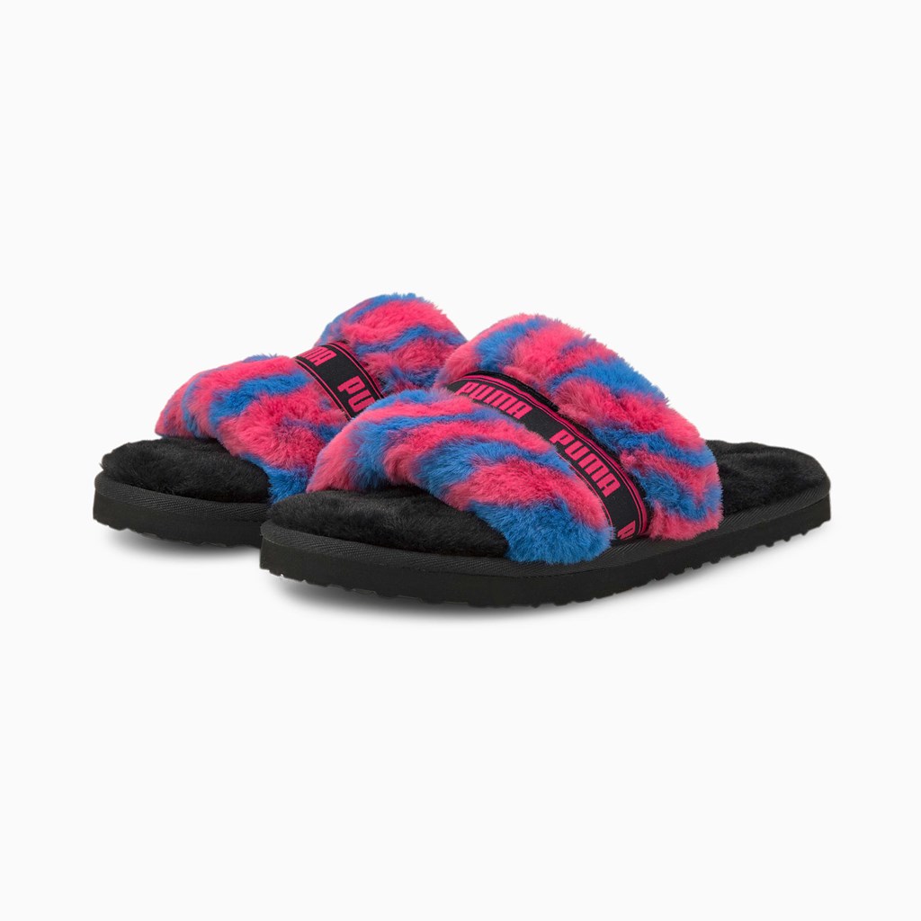 Black / Beetroot Purple Royal Puma Fluff Wild  Women's Slides | 6249PLOKH