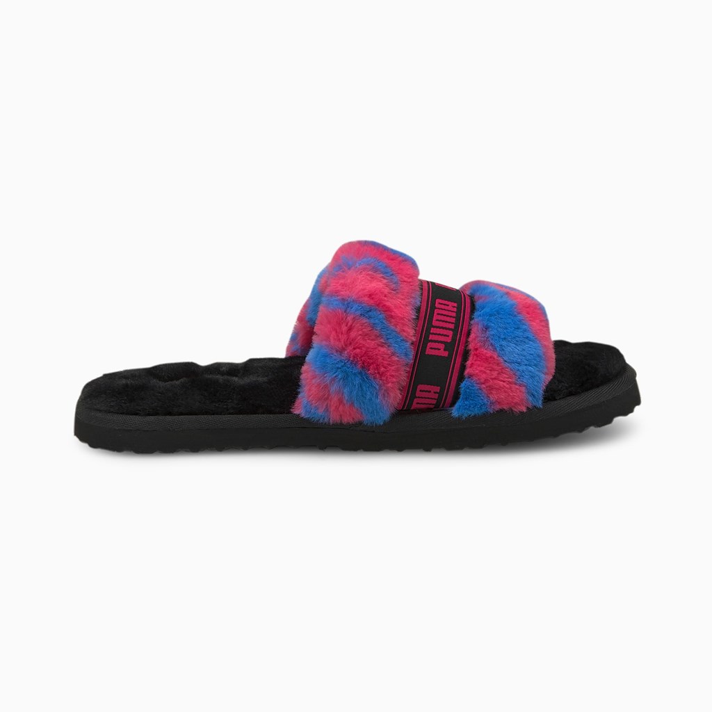 Black / Beetroot Purple Royal Puma Fluff Wild  Women's Slides | 6249PLOKH