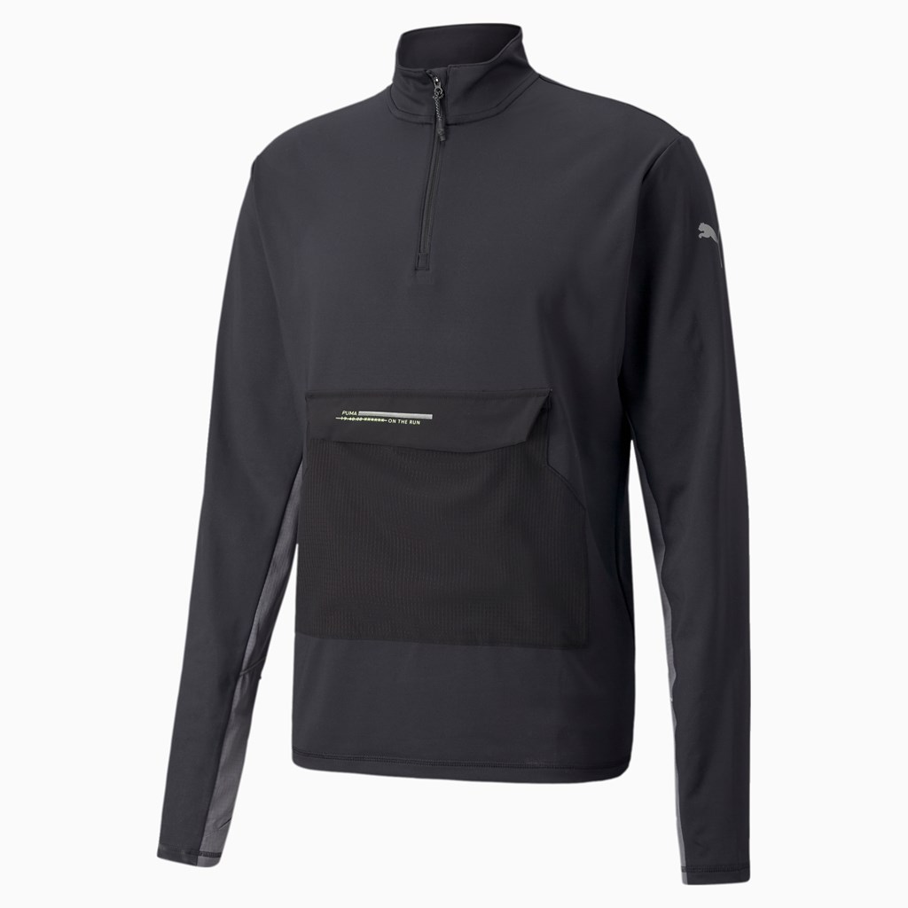 Black / Castlerock Puma COOLADAPT Half-Zip Men's Running Top | 7396CEDPJ