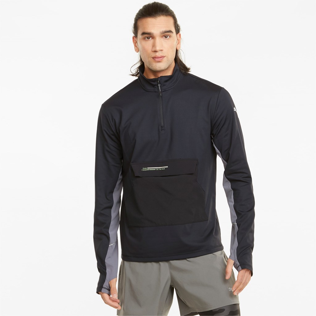 Black / Castlerock Puma COOLADAPT Half-Zip Men\'s Running Top | 7396CEDPJ