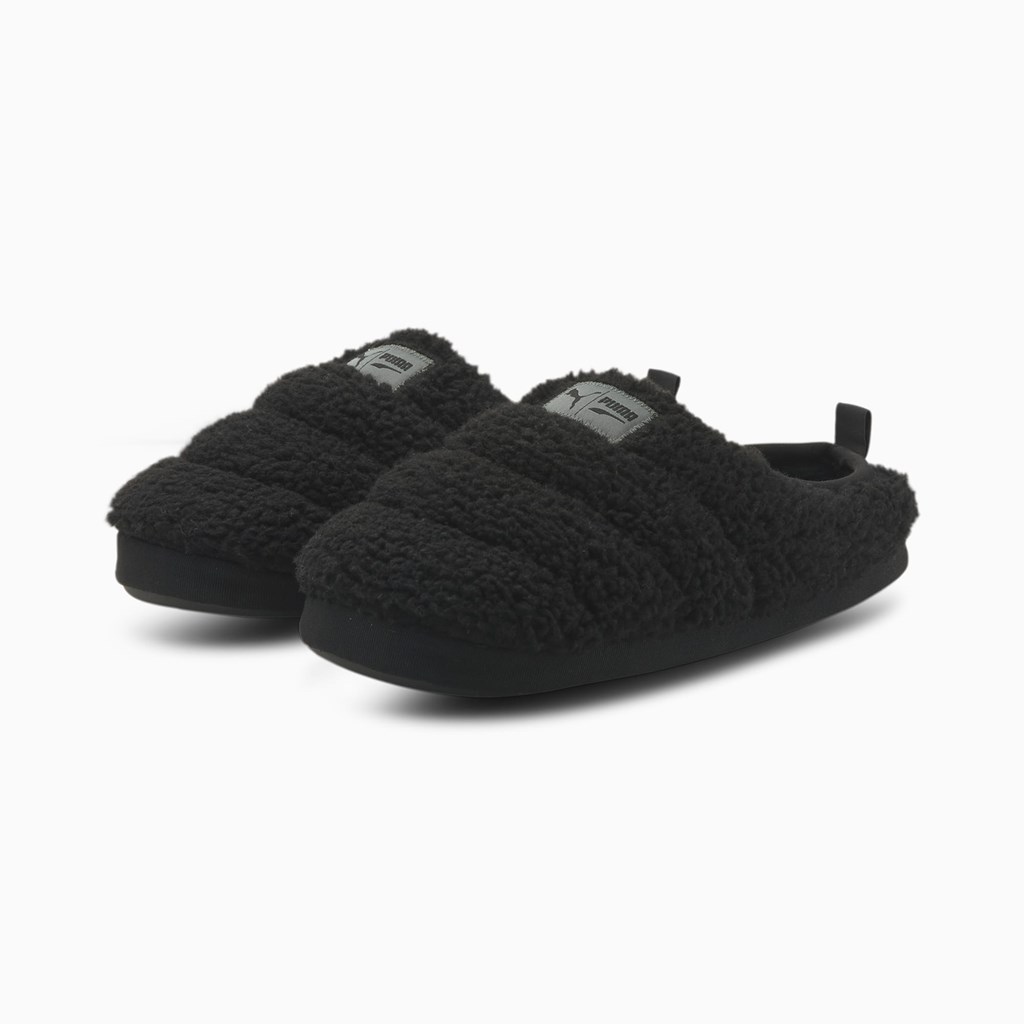 Black / Dark Shadow Puma Scuff Sherpa Women's Slippers | 2165BELGD