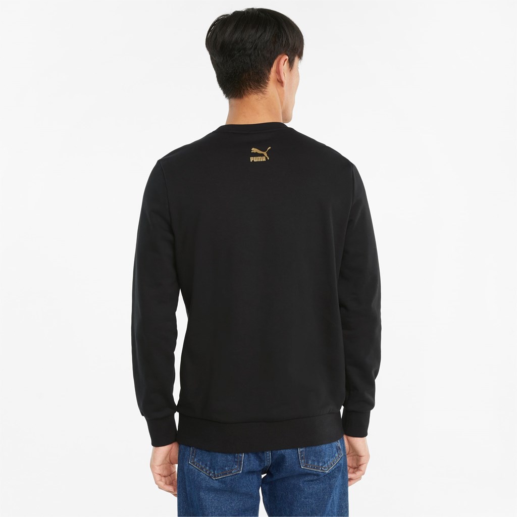 Black / Gold Puma CG Graphic French Terry Crew Neck Men's Sweatshirt | 8135KNPOG