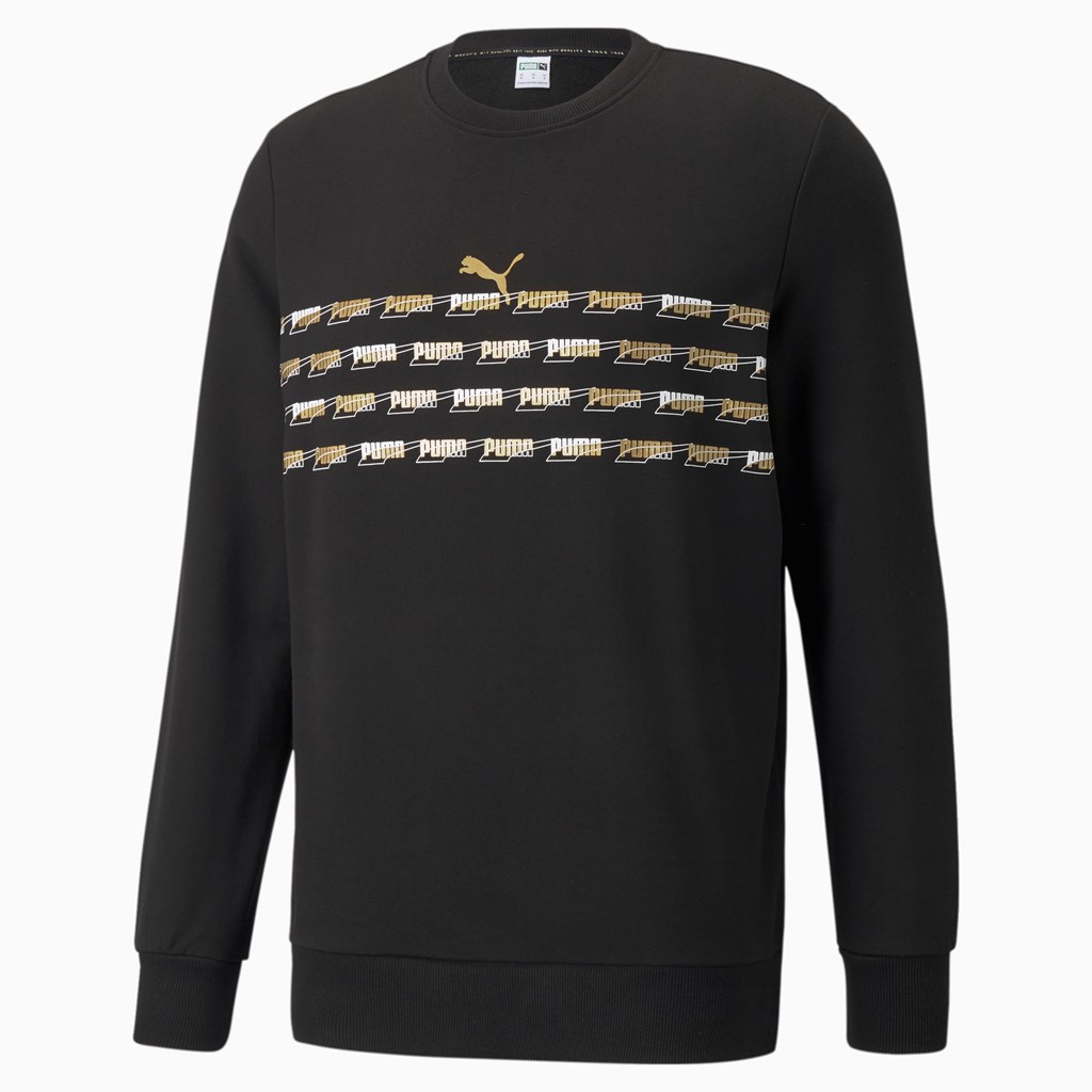 Black / Gold Puma CG Graphic French Terry Crew Neck Men's Sweatshirt | 8135KNPOG