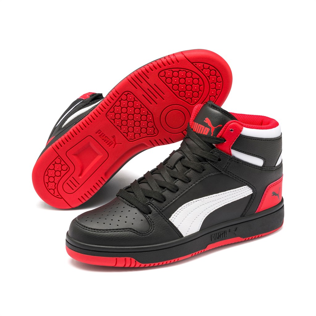 Black / High Risk Red / White Puma PUMA Rebound LayUp Mid JR Boys' Sneakers | 2481SRKFZ