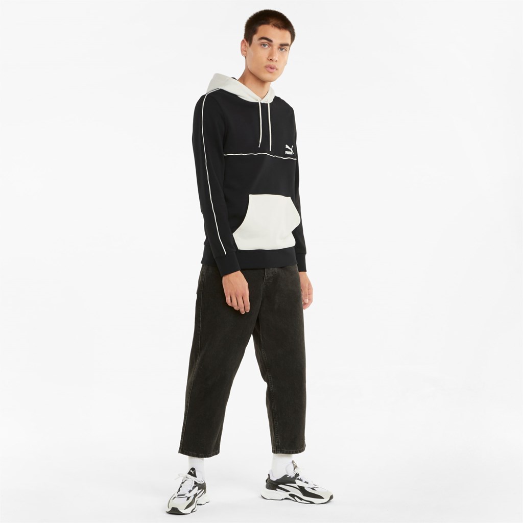 Black / Ivory Puma CLSX Piped Regular Men's Hoodie | 0293IMDQF