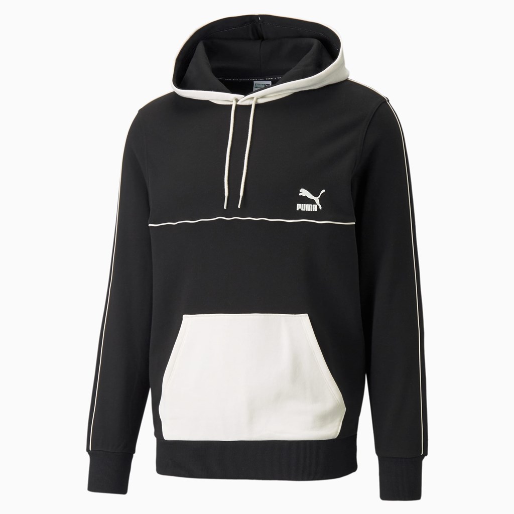 Black / Ivory Puma CLSX Piped Regular Men's Hoodie | 0293IMDQF