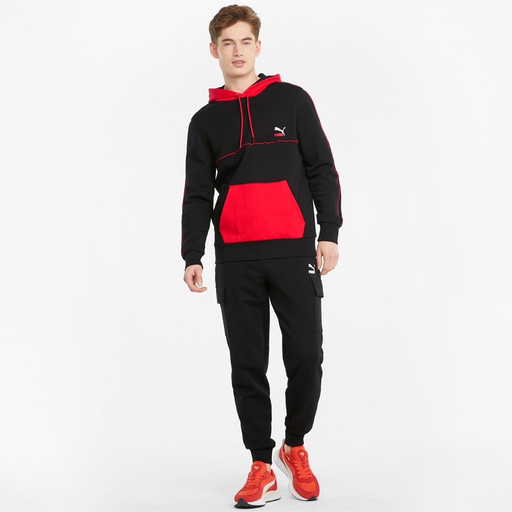 Black Puma CLSX Piped Regular Men's Hoodie | 4180IECBU