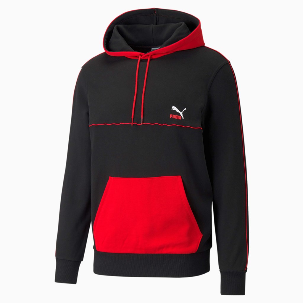 Black Puma CLSX Piped Regular Men's Hoodie | 4180IECBU