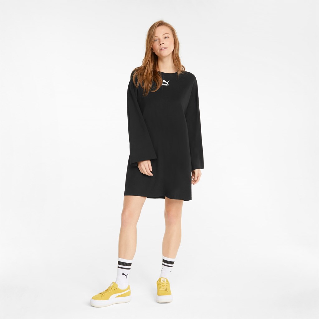 Black Puma Classics Long Sleeve Tee Women's Dress | 5612RQTCV