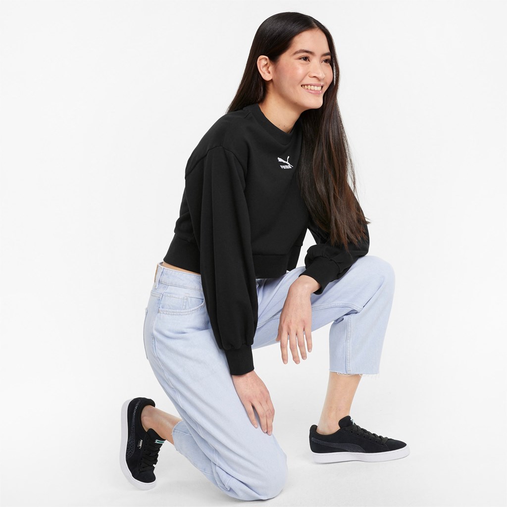 Black Puma Classics Puff Sleeve Crew Neck Women's Sweatshirt | 0172WBGEF