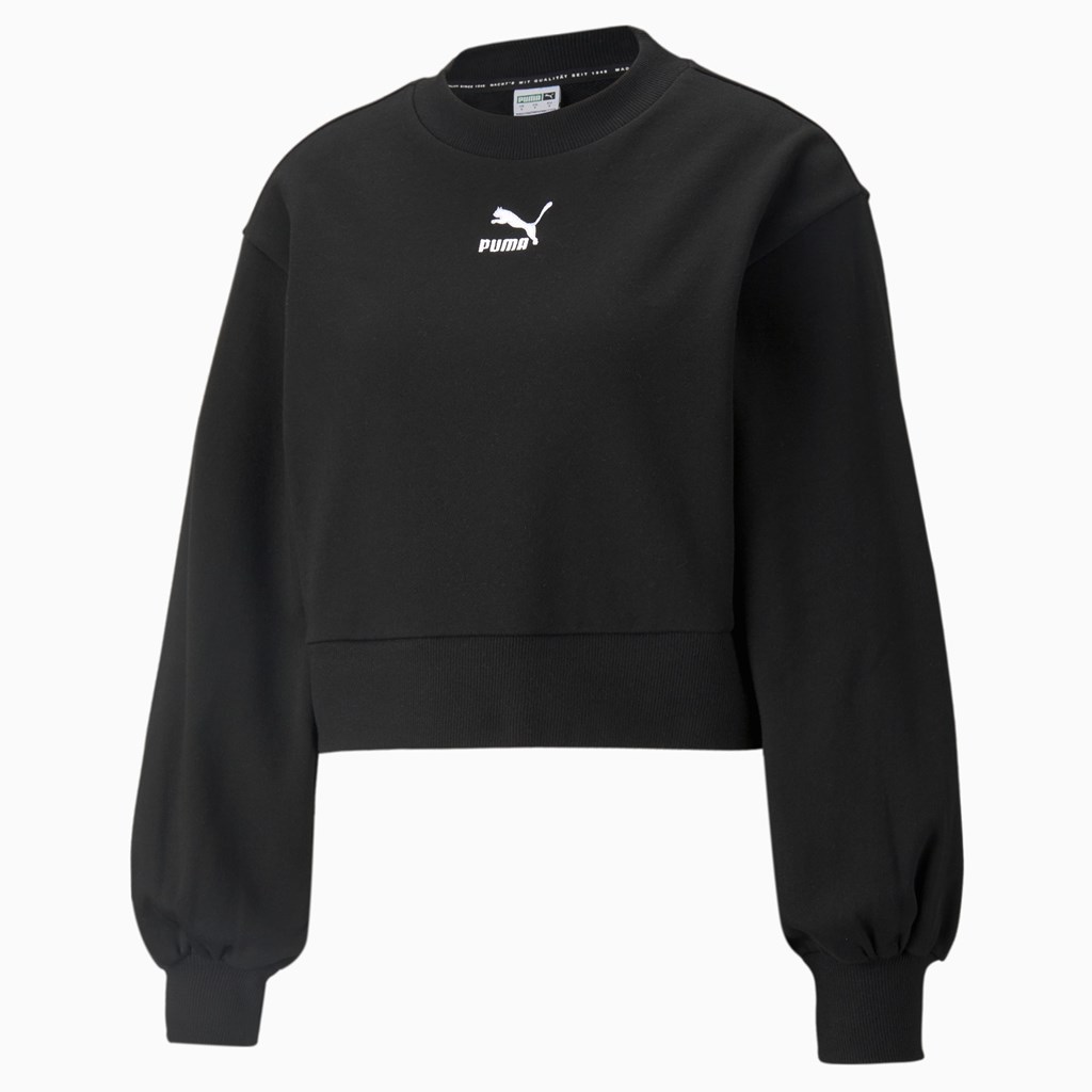 Black Puma Classics Puff Sleeve Crew Neck Women's Sweatshirt | 0172WBGEF