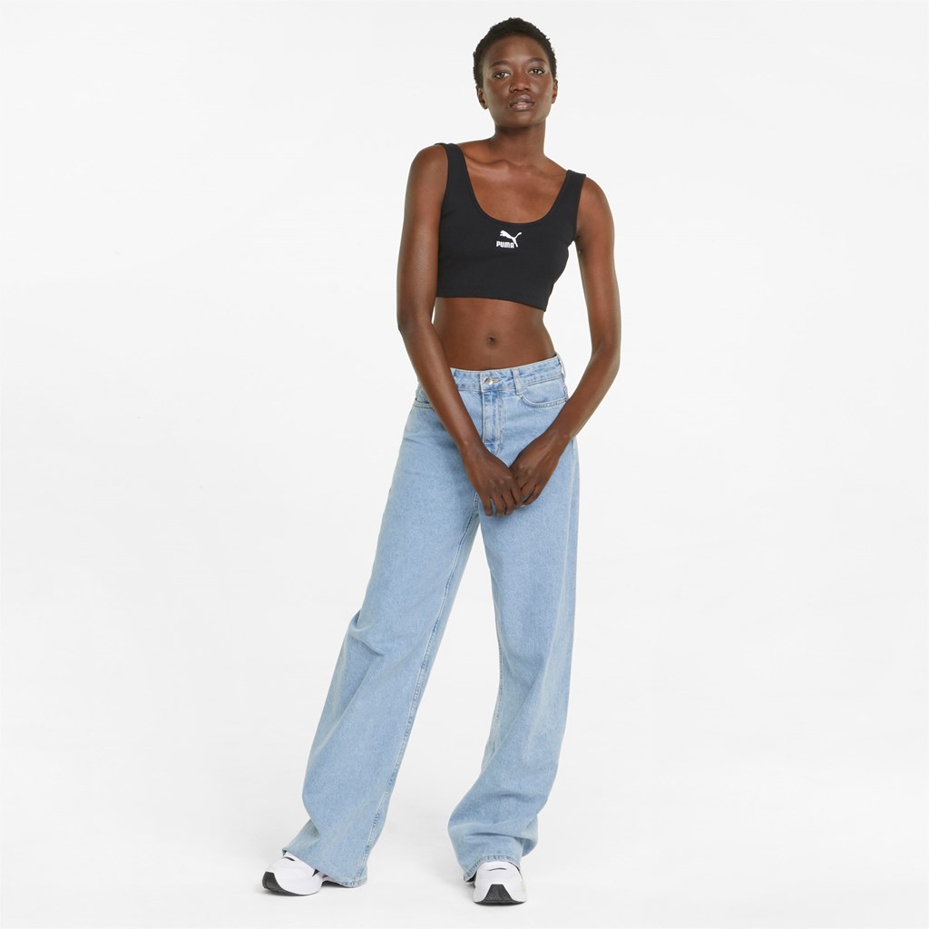 Black Puma Classics Ribbed Crop Women's Top | 6132OAJXL