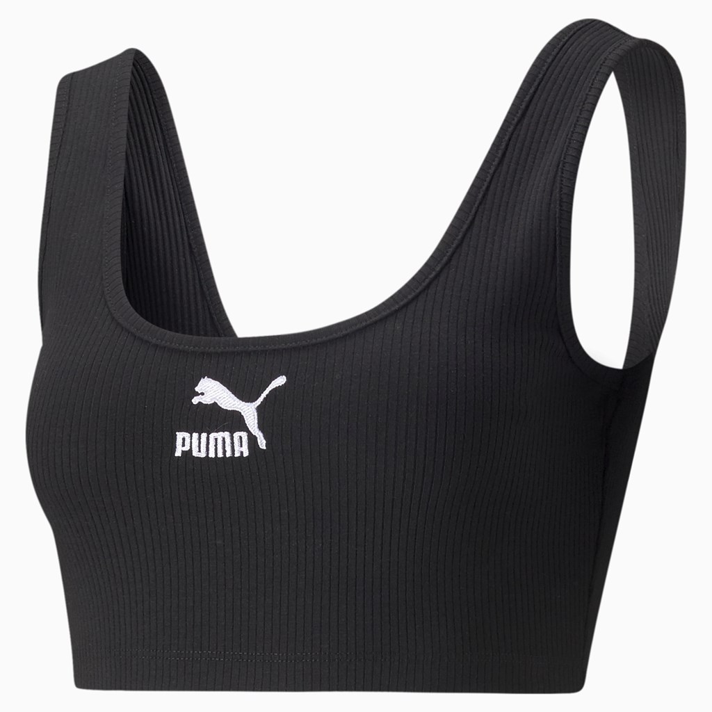 Black Puma Classics Ribbed Crop Women's Top | 6132OAJXL