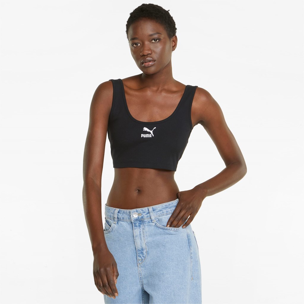 Black Puma Classics Ribbed Crop Women\'s Top | 6132OAJXL