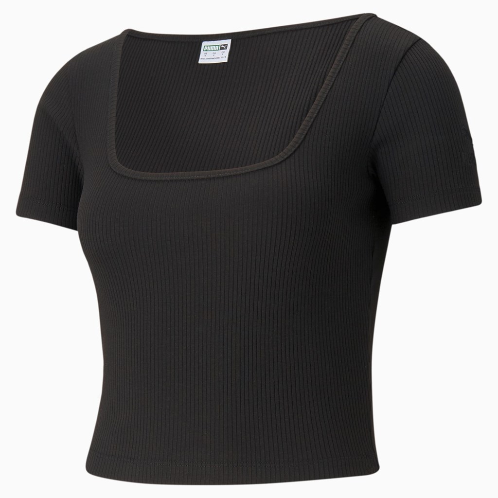 Black Puma Classics Ribbed Fitted Women's Tee | 3201KWCIJ