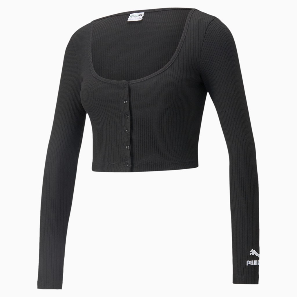 Black Puma Classics Ribbed Long Sleeve Women's Tee | 4287HWMRK