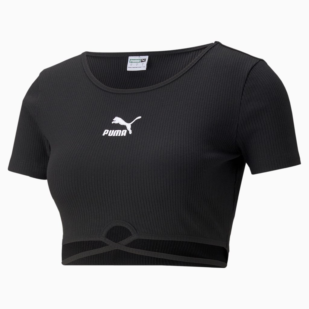 Black Puma Classics Ribbed Women's Tee | 8576TFZRD