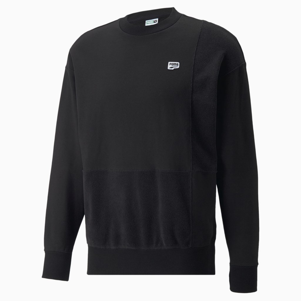 Black Puma Downtown Crew Neck Men's Sweatshirt | 1479PAUXF