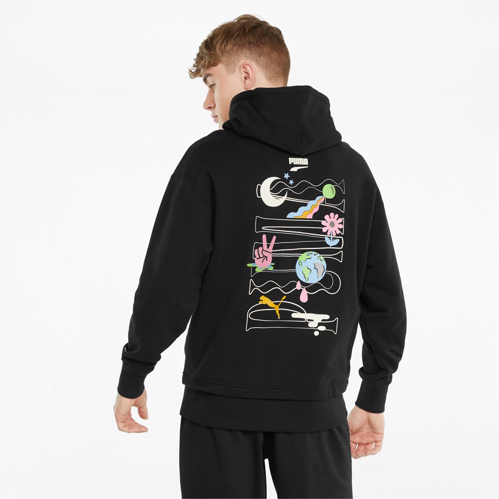 Black Puma Downtown Graphic French Terry Men's Hoodie | 6103SNTVQ