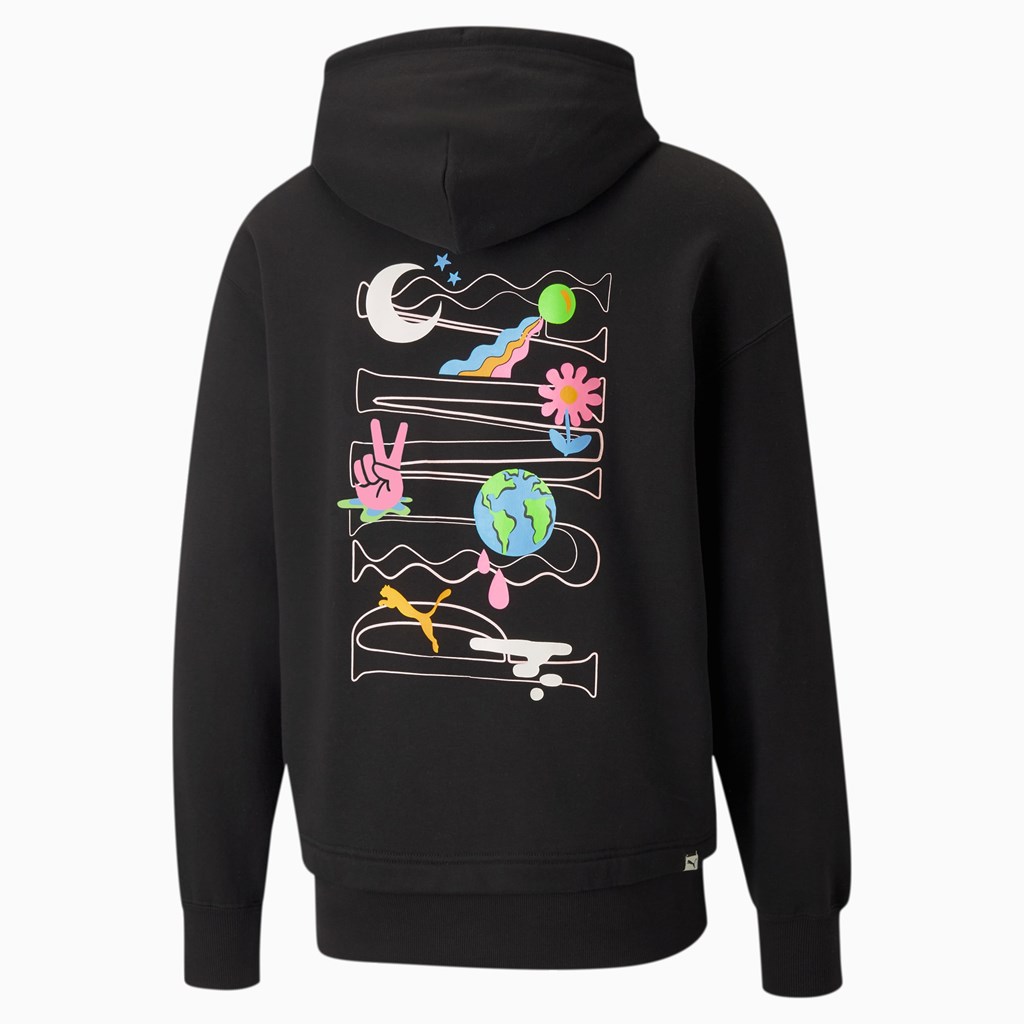 Black Puma Downtown Graphic French Terry Men's Hoodie | 6103SNTVQ