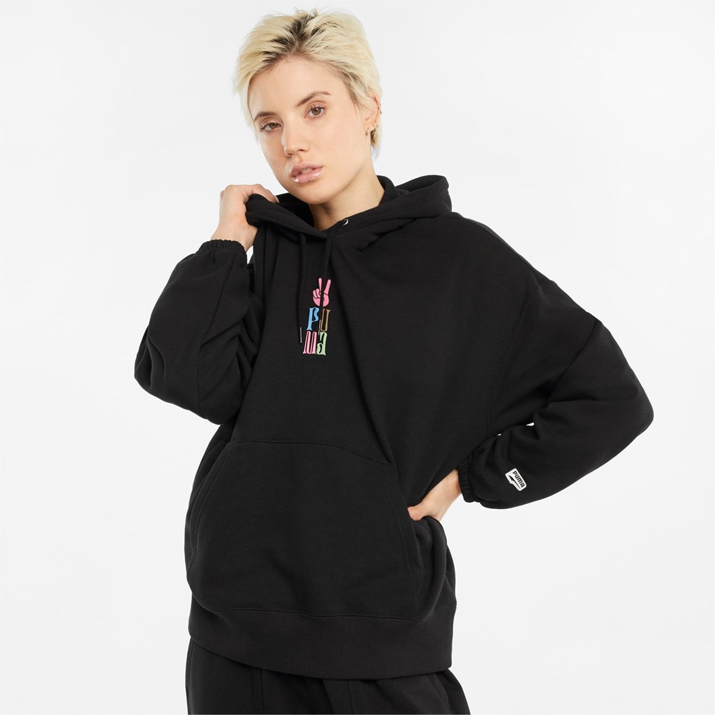 Black Puma Downtown Graphic Women\'s Hoodie | 6293YOBNK