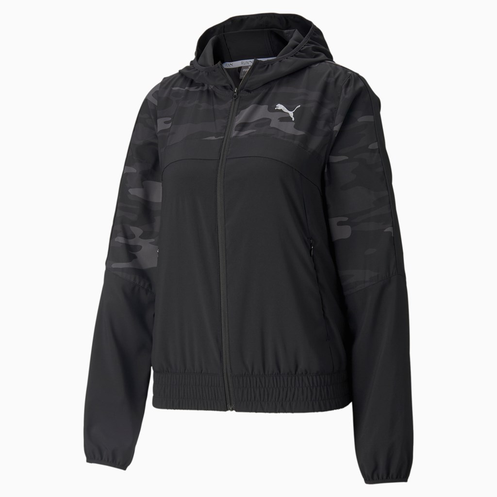 Black Puma Graphic Hooded Running Women's Jacket | 6857GZEVT