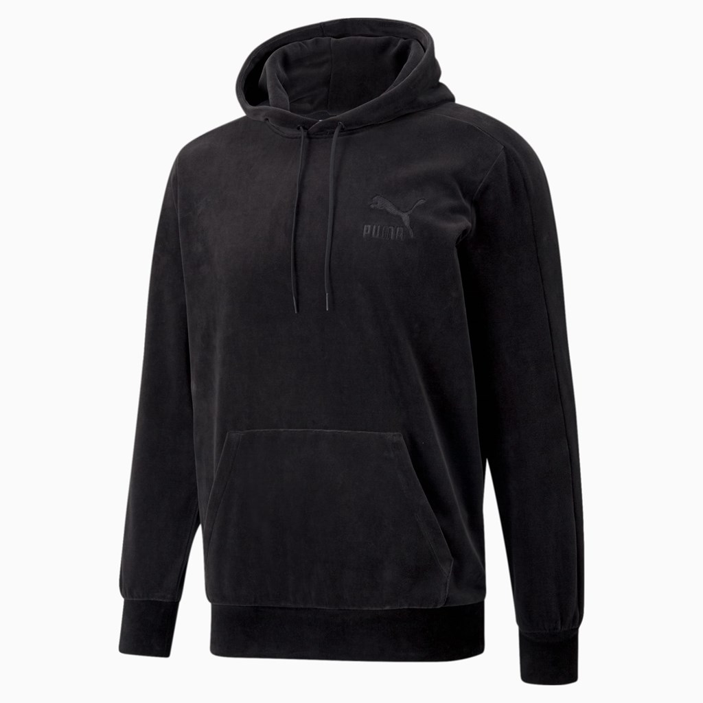 Black Puma Iconic T7 Velour Men's Hoodie | 6702HXVSI