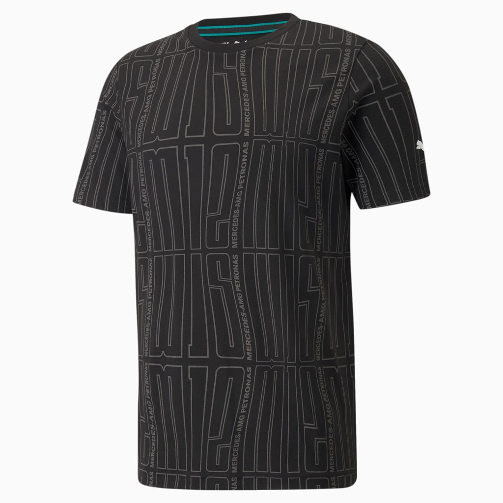 Black Puma Mercedes F1 Printed Logo Men's Tee | 4071CBLHZ