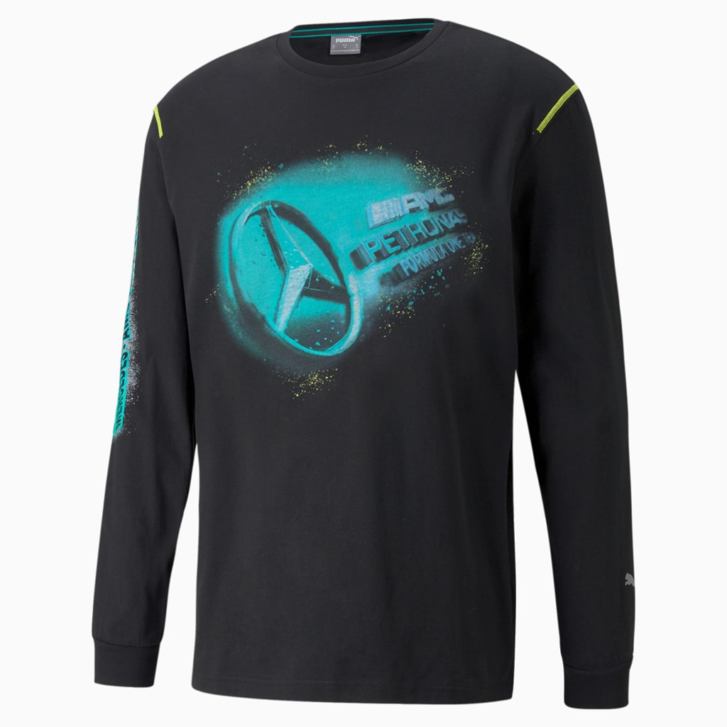 Black Puma Mercedes F1 Street Graphic Long Sleeve Men's Tee | 7315JIXEZ