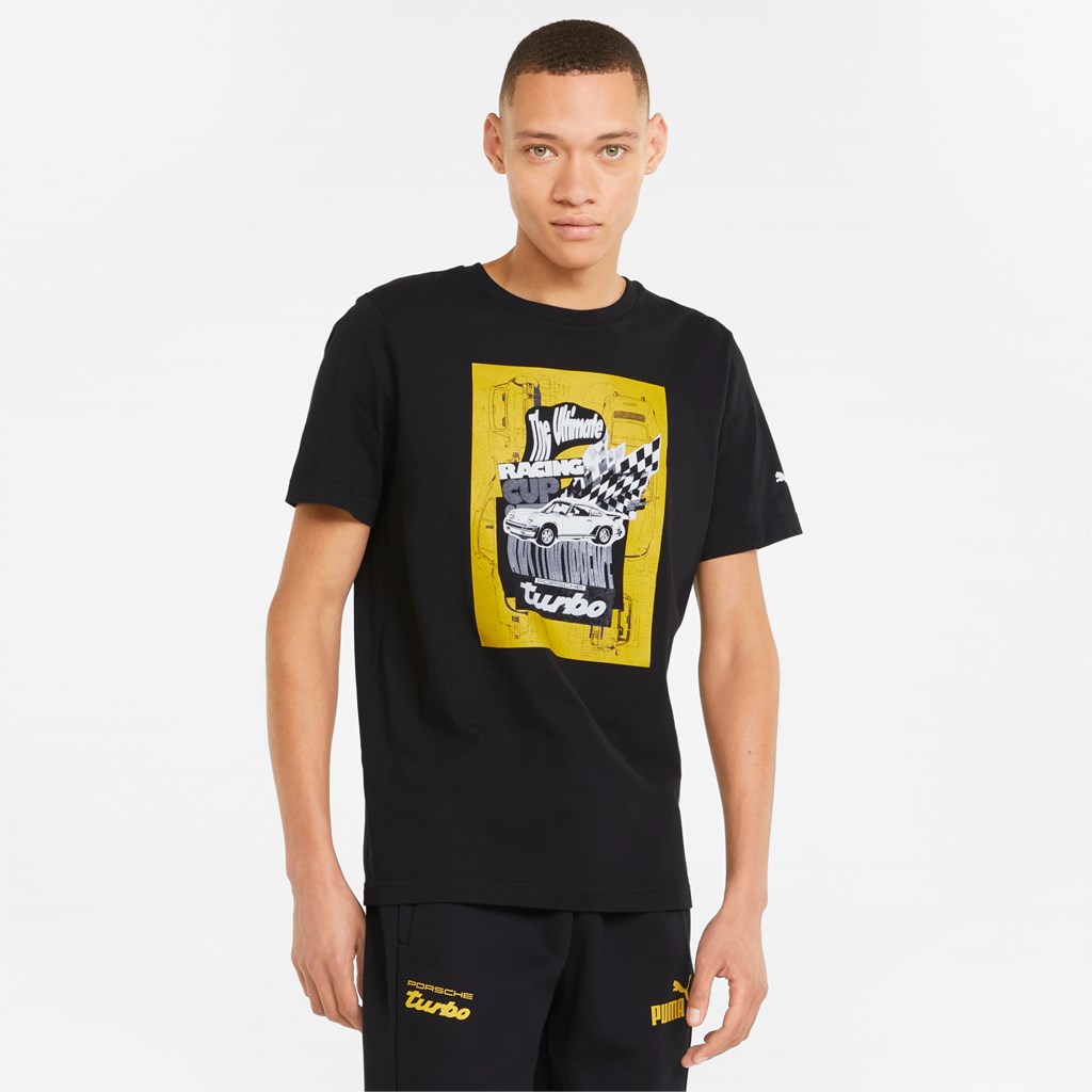 Black Puma Porsche Legacy Graphic Men\'s Tee | 6951MERQN