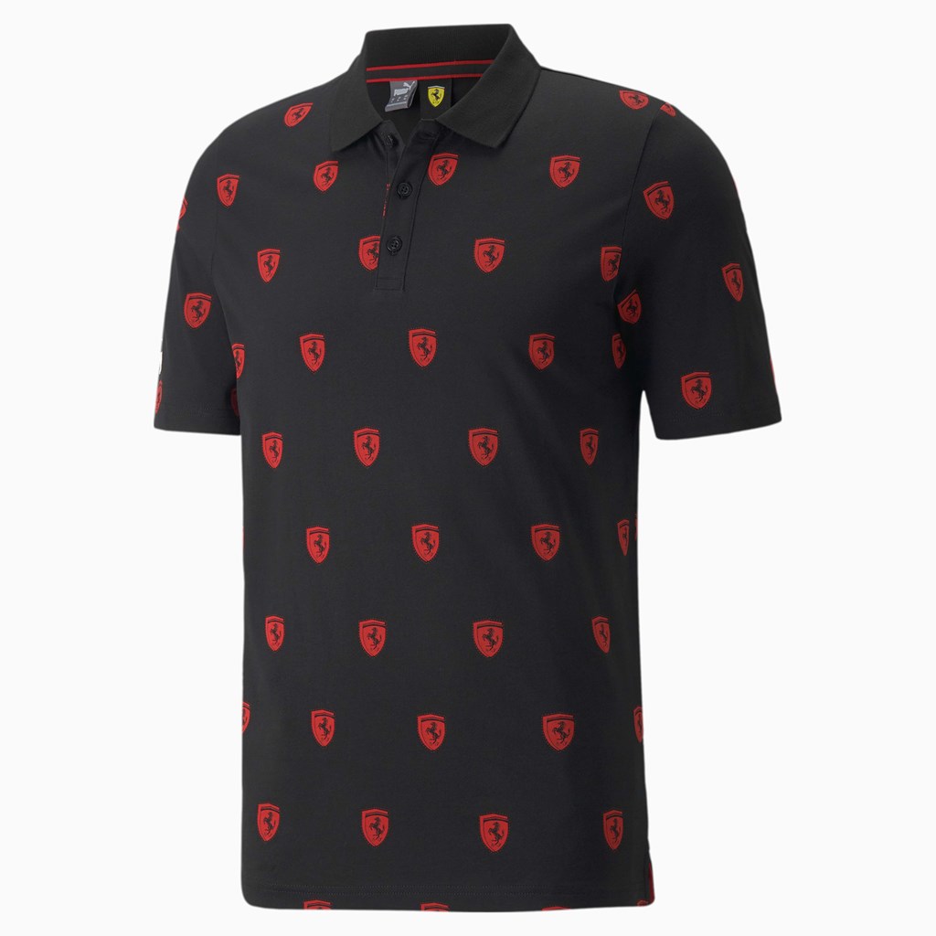 Black Puma Scuderia Ferrari Race Printed Motorsport Men's Polo Shirt | 9873MBOFY