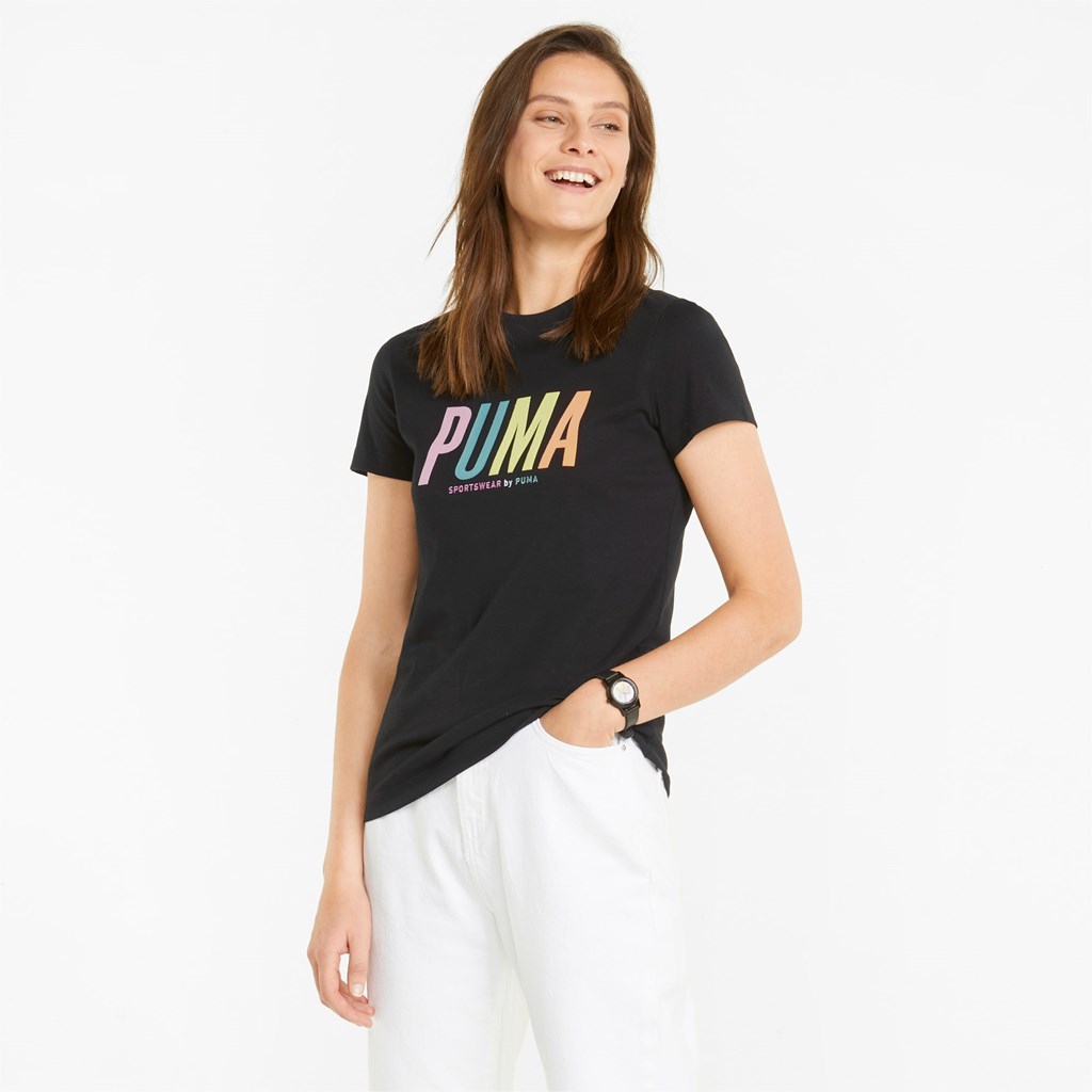 Black Puma Sportswear by PUMA Graphic Women\'s Tee | 4230BLQKM