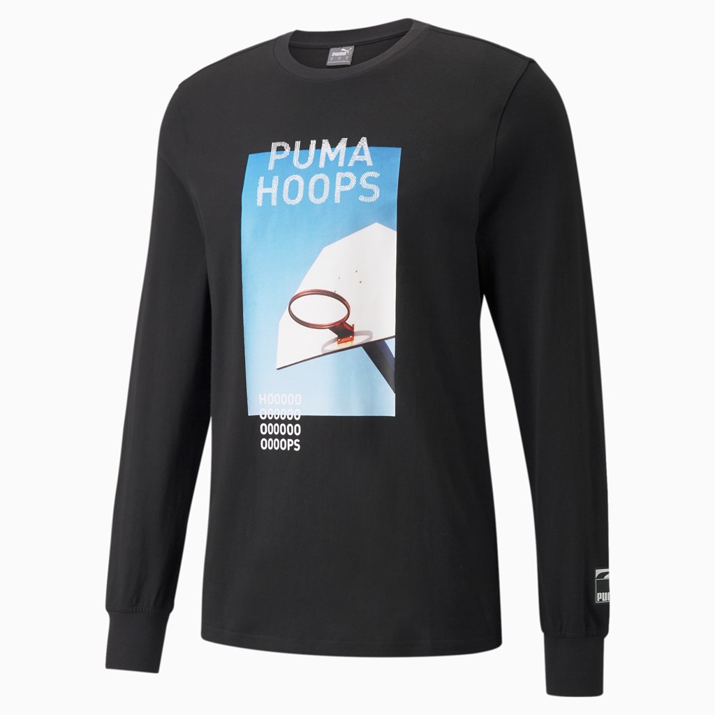 Black Puma Timeout Long Sleeve Basketball Men's Tee | 8962QRGPK