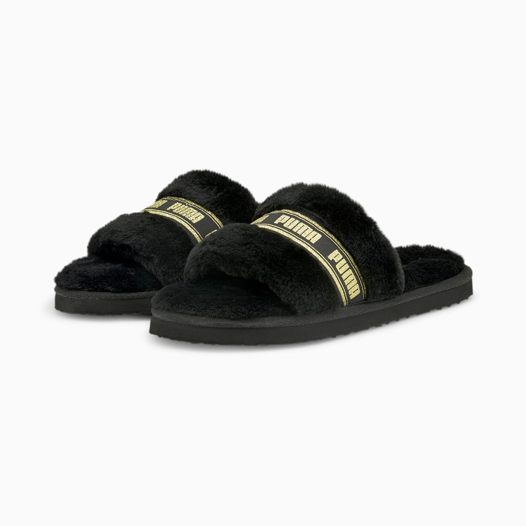 Black Team Gold Puma Fluff  Women's Slides | 4625ZDNAI