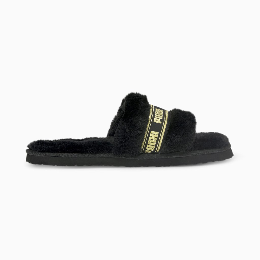 Black Team Gold Puma Fluff  Women's Slides | 4625ZDNAI