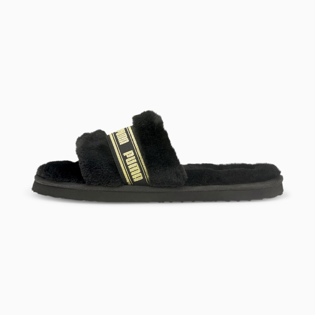 Black Team Gold Puma Fluff  Women\'s Slides | 4625ZDNAI