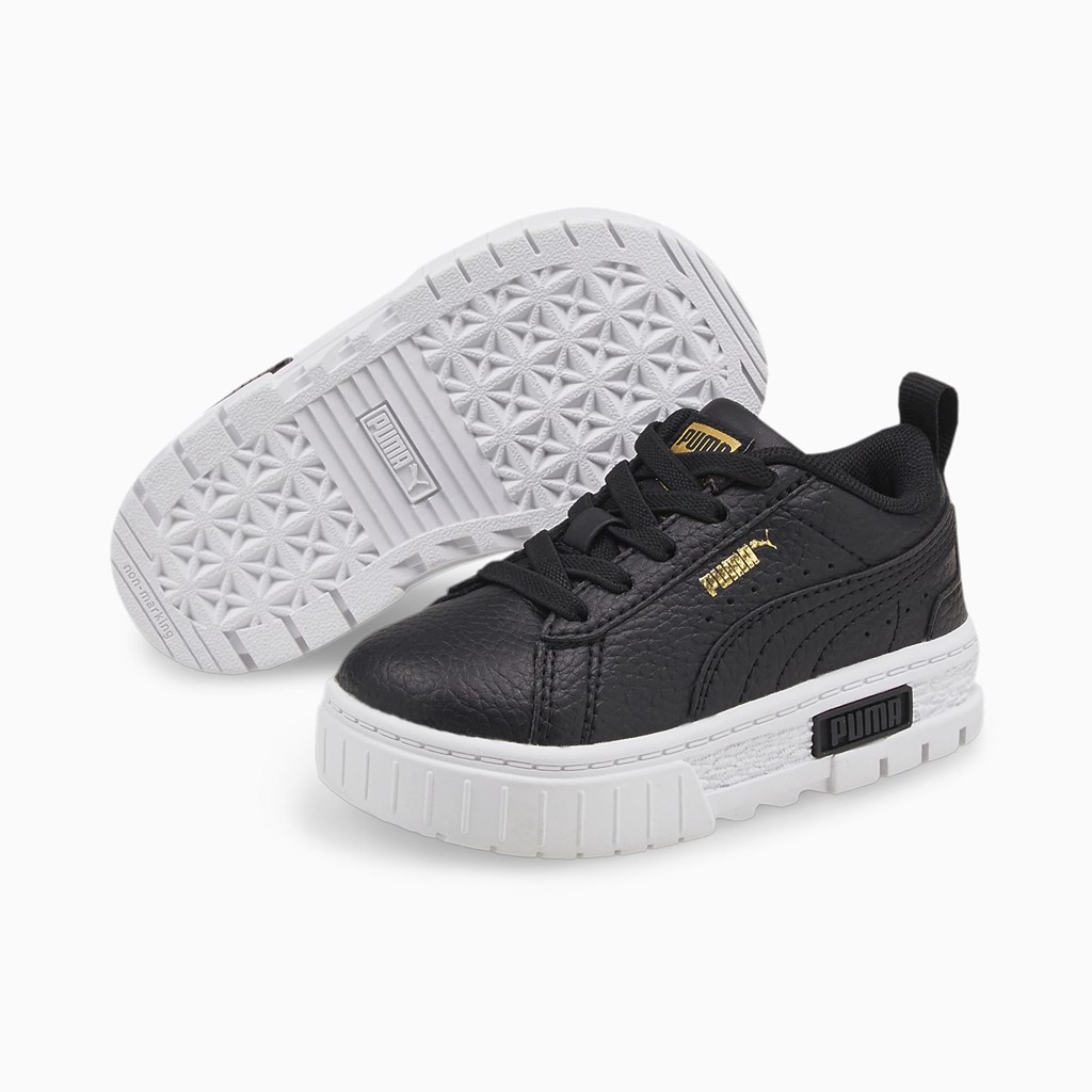 Black / Team Gold Puma Mayze Leather Toddler Girls' Sneakers | 3621UGNTI