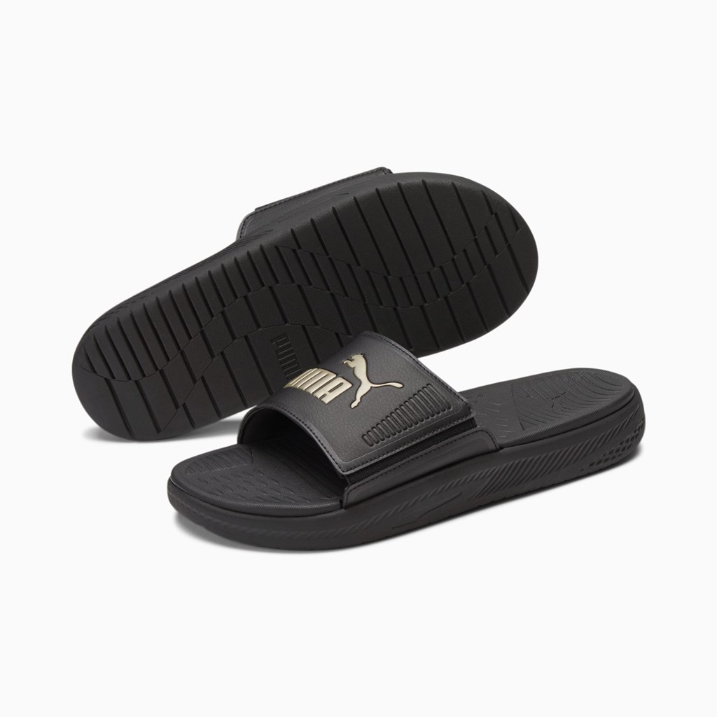 Black / Team Gold Puma Softride Men's Slides | 0379QXBJL