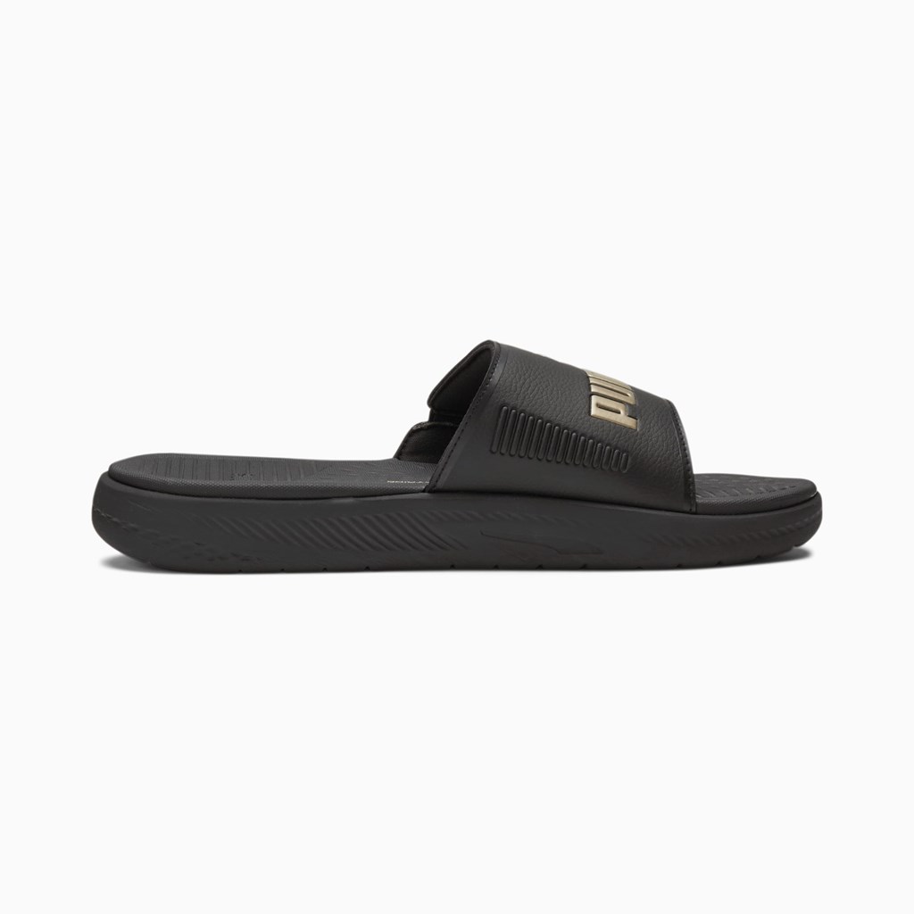 Black / Team Gold Puma Softride Men's Slides | 0379QXBJL