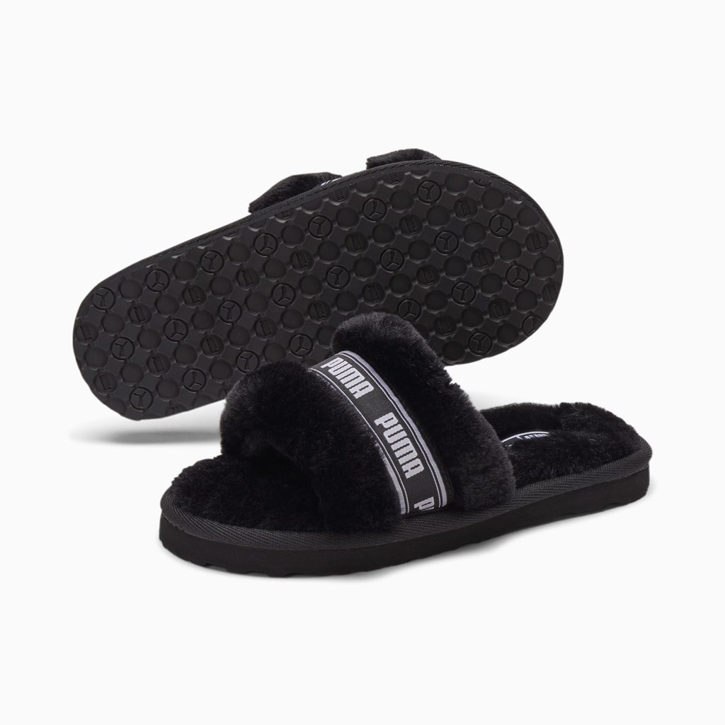 Black / White Puma Fluff Little Girls' Slippers | 3460JSUNH