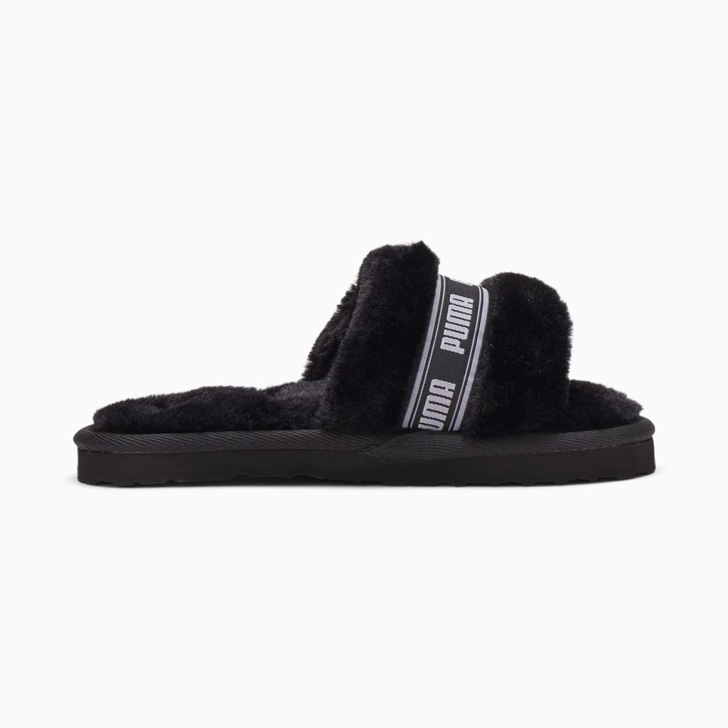 Black / White Puma Fluff Little Girls' Slippers | 3460JSUNH