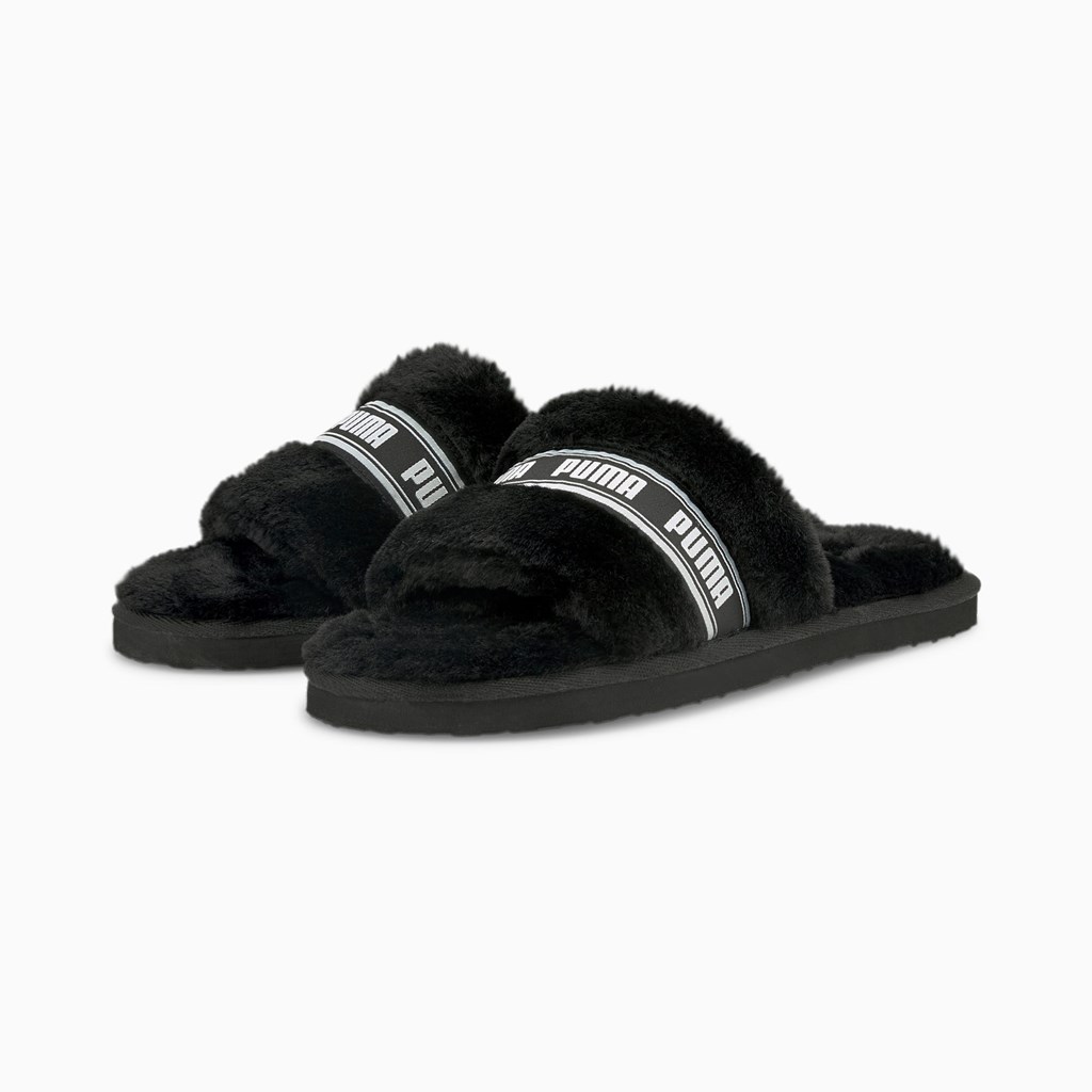 Black White Puma Fluff  Women's Slides | 7542PFKGO