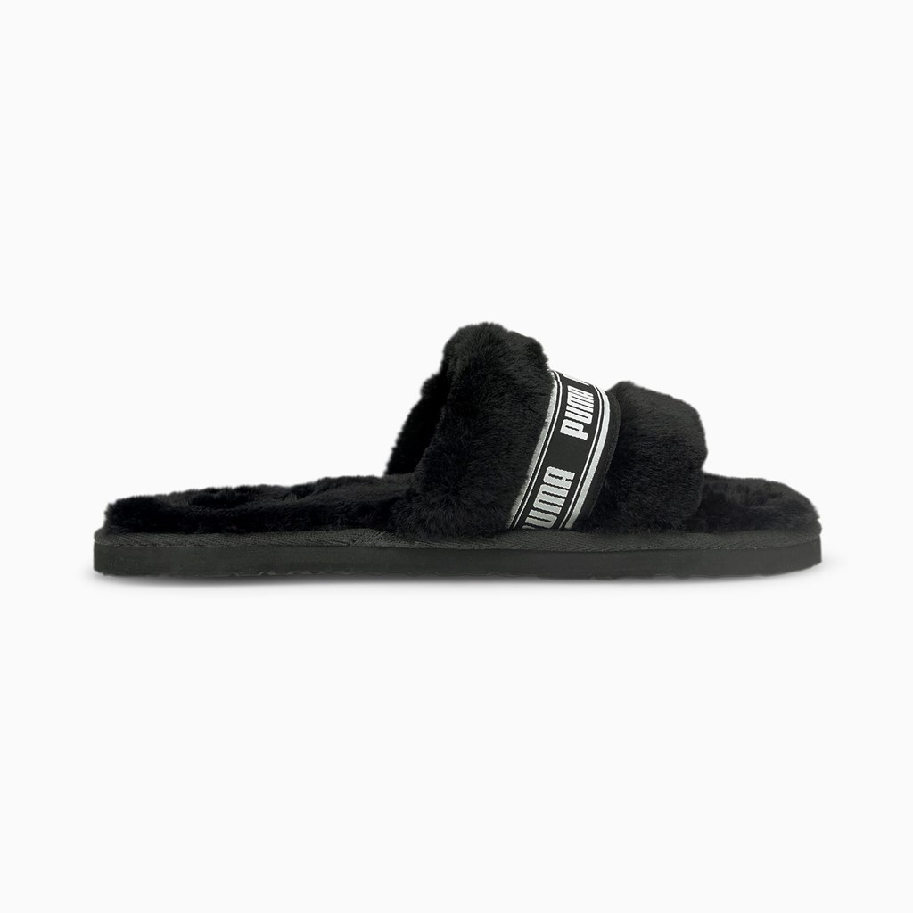 Black White Puma Fluff  Women's Slides | 7542PFKGO