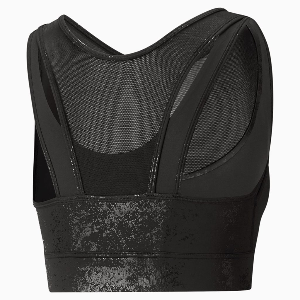 Black / matte foil print Puma Fashion Luxe ellaVATE Training Women's Sports Bra | 2148ONRXY