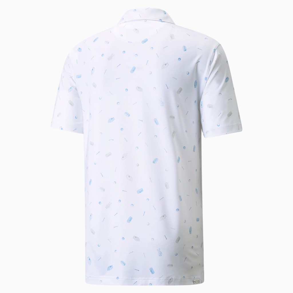 Bright White / Placid Blue Puma MATTR Snack Shack Men's Polo | 0148JHAVS