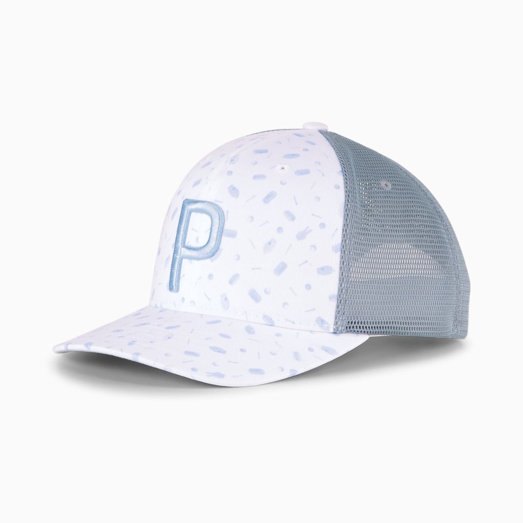 Bright White / Placid Blue Puma Snack Shack P 110 Trucker Snapback Men\'s Snapback | 5081FINWZ