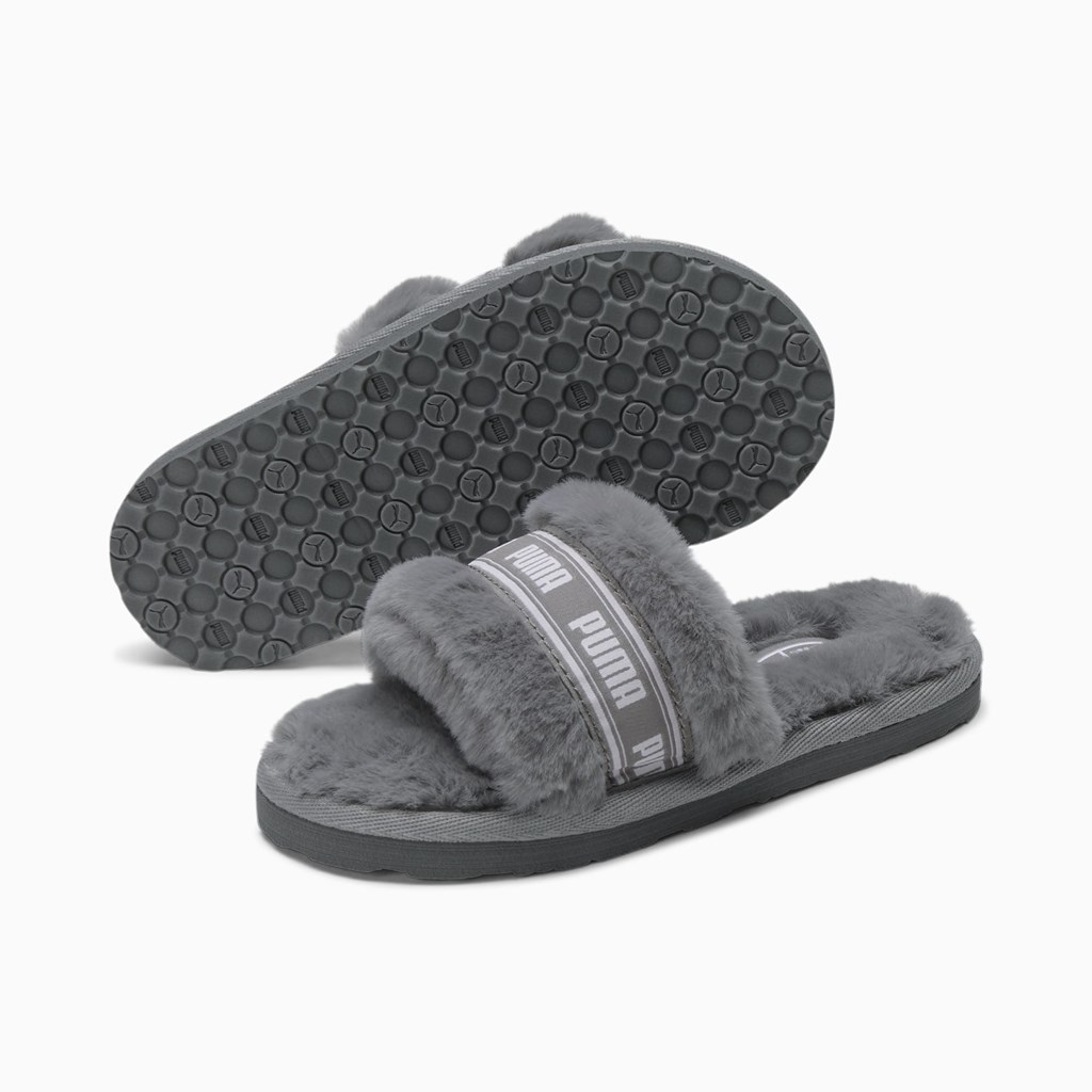 Charcoal Gray / White Puma Fluff Little Girls' Slippers | 9287ECRPJ