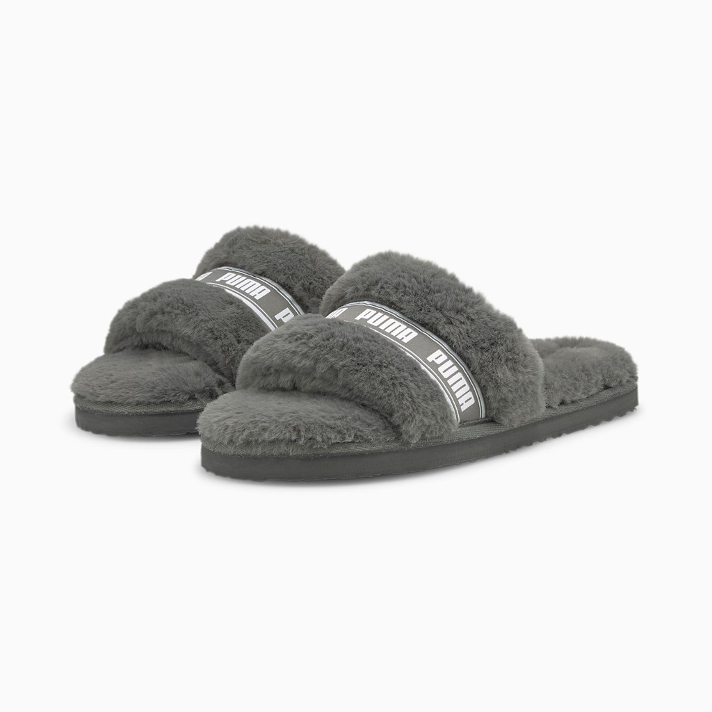 Charcoal Gray / White Puma Fluff Slide Jr Girls' Slides | 9042ZWIJV